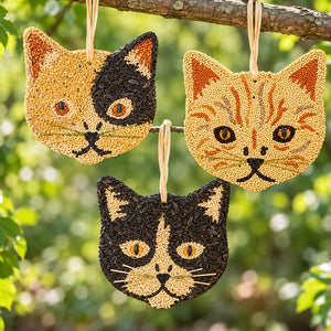 Wild bird seed cat ornaments hanging from a tree branch. A mischievous trio of feline friends for your birds to enjoy