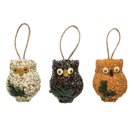 Ollie the Owl, Set of 3: Three owl-shaped bird seed treats with greenery accents and jute loops for hanging, perfect for feeding and attracting birds.