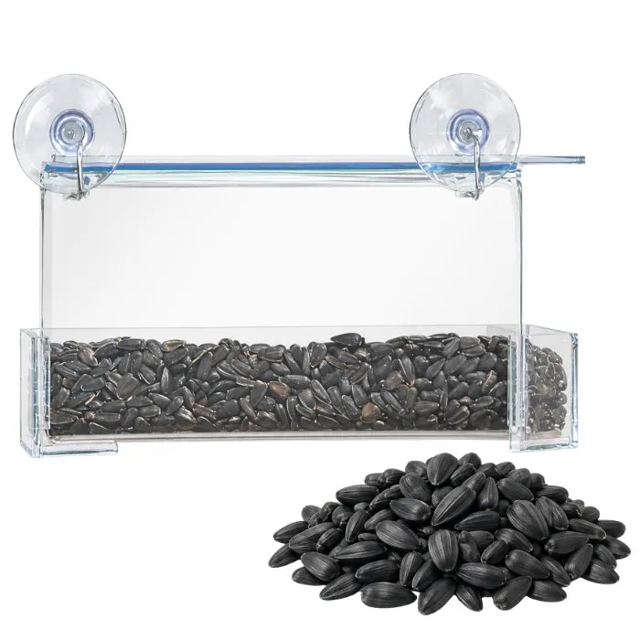 Duncraft Classic Window Bird Feeder with a 5 lb bag of Black Oil Sunflower Seed on a white background.