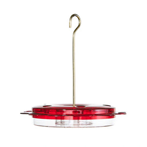 12 oz. Hummerfest Hummingbird Feeder with red lid, clear basin, six feeding ports, rain overflow, ant moat, and metal hook for hanging.