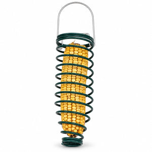 Green spiral corn cob squirrel feeder with a wire hanger and yellow corn cob on a white background.