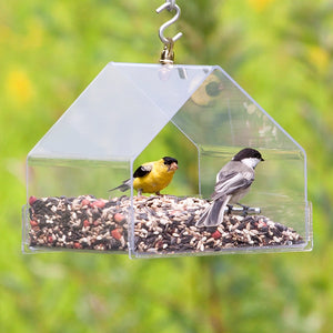 Duncraft Hanging Chalet bird feeder with a yellow bird perched inside, featuring clear plastic siding and two perches for easy bird viewing and feeding.