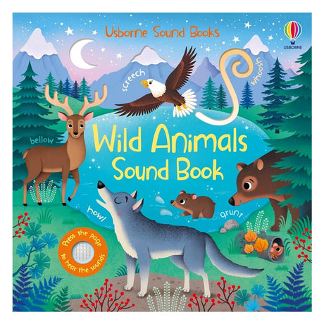 Cover of Wild Animals Sound Book by Sam Taplin, featuring cartoon animals with sound labels, set in a forest at dusk, highlighting its interactive sound feature.