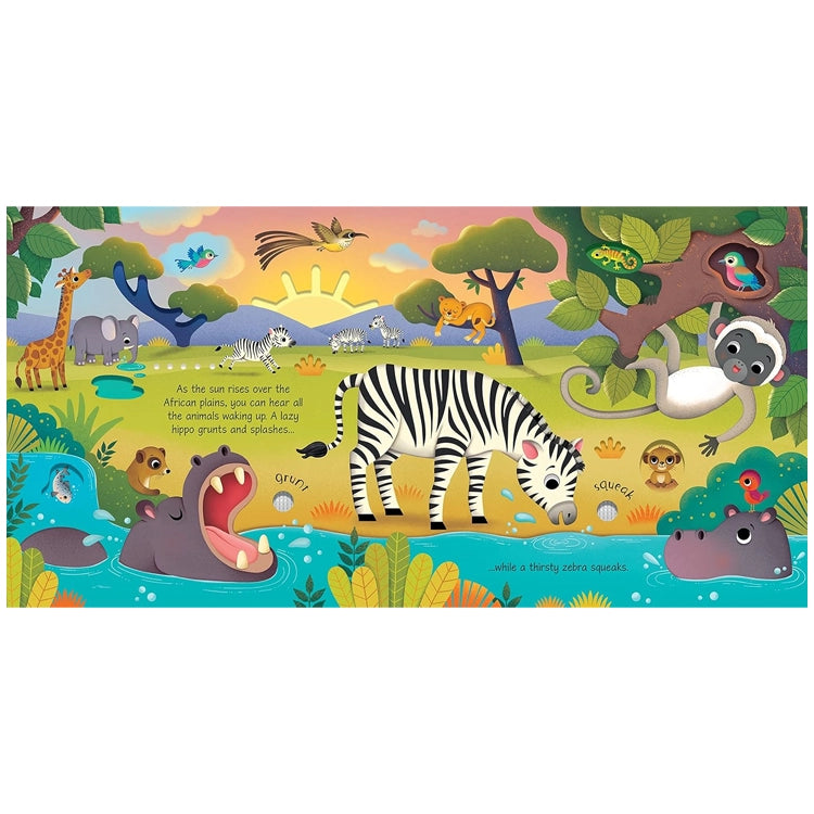 Wild Animals Sound Book by Sam Taplin: A vibrant scene of African wildlife at sunrise, featuring playful animals, enhancing this interactive book's engaging exploration of animal homes.