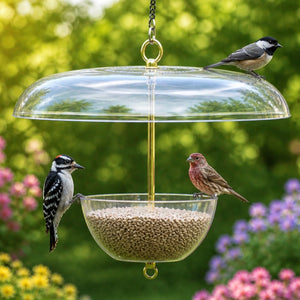 Duncraft Cardinal Feeder with birds perched and feeding from clearview plastic bowl under a dome-shaped weather guard, showcasing easy seed access and bird visibility.