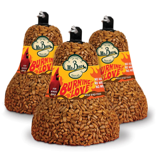 Burning Love Seed Bell, Set of 3: Solid bird feeders made of sunflower hearts with capsaicin, featuring plastic hangers, deters squirrels while attracting songbirds.