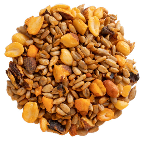 Retail Store Sizzling Hot Pepper Seed, 20-lb bag, featuring a blend of sunflower kernels, peanut pieces, and cracked corn suitable for bird feed.