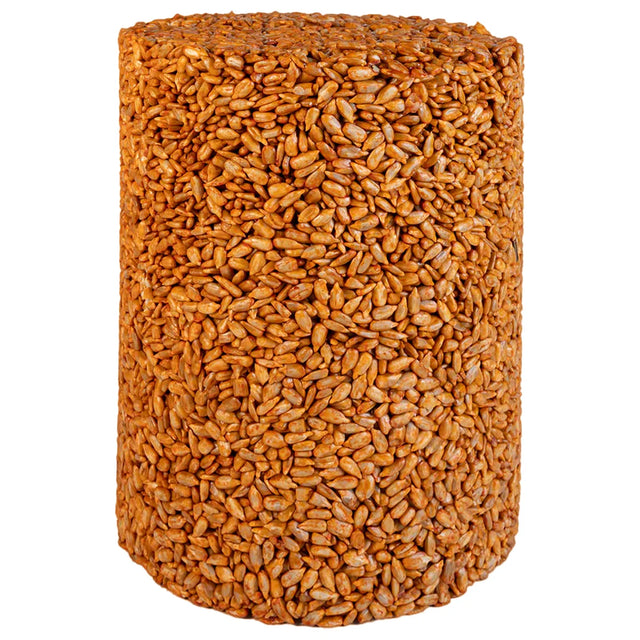 Sizzling Hearts Seed Cylinder, Small: A compact cylinder of pressed sunflower seeds and suet, infused with capsaicin to attract birds and deter squirrels.