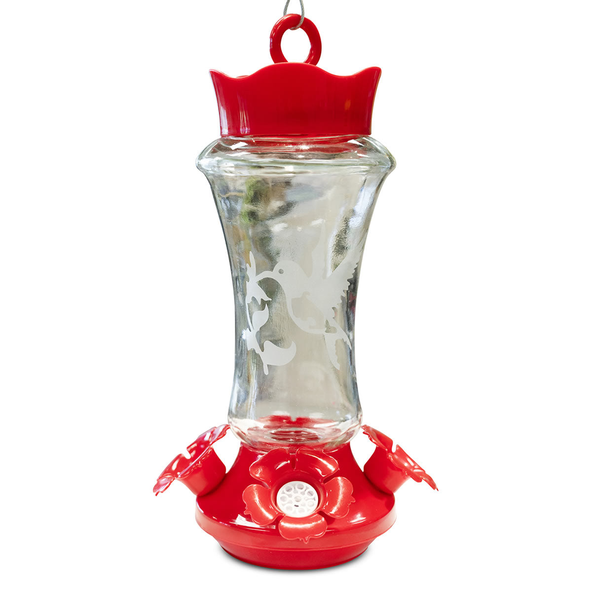 Etched Glass Hummingbird Feeder with clear reservoir, frosted hummingbird motif, red cap and base, three flower-shaped ports, metal hanger, and built-in ant moat.