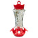 Etched Glass Hummingbird Feeder with clear reservoir, frosted hummingbird motif, red cap and base, three flower-shaped ports, metal hanger, and built-in ant moat.