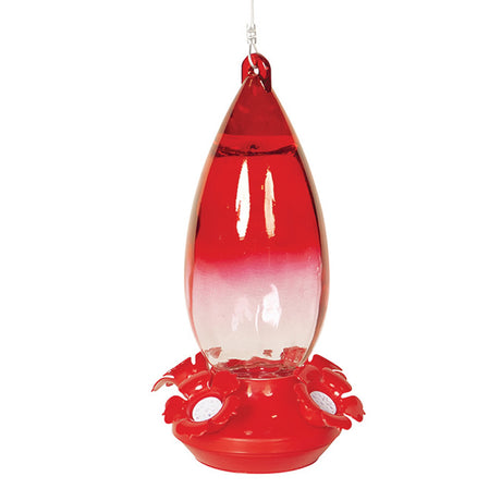 Raindrop Glass Hummingbird Feeder with red teardrop reservoir, four flower-shaped ports, and easy-twist base for cleaning, includes hanger for installation.