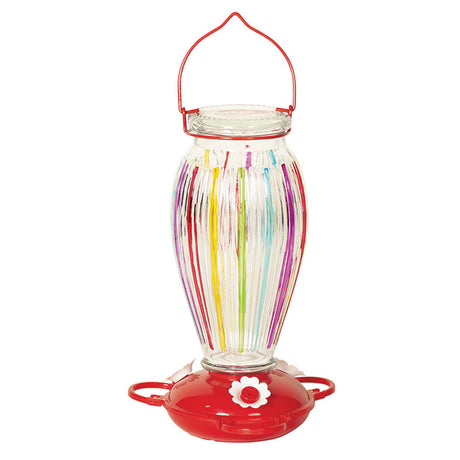 Colored Stripes Glass Hummingbird Feeder with rainbow glass, red base, three white flower ports, and hanger for outdoor use; easy to clean and fill.
