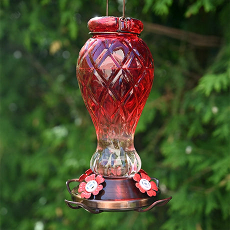 Red Jewel Glass Hummingbird Feeder with ombre design, hanging outdoors, ideal for attracting hummingbirds and enhancing garden decor.