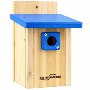 Cedar chickadee and wren nesting box with blue recycled plastic roof and predator-resistant entrance.