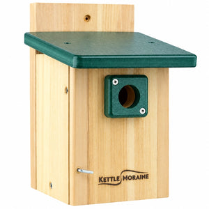 Cedar chickadee and wren nesting box with green recycled plastic roof and durable construction.