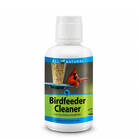 Bird Feeder Cleaner 16 oz. bottle with a cardinal label, effectively removes bacteria from feeders using a non-toxic, all-natural enzyme formula.