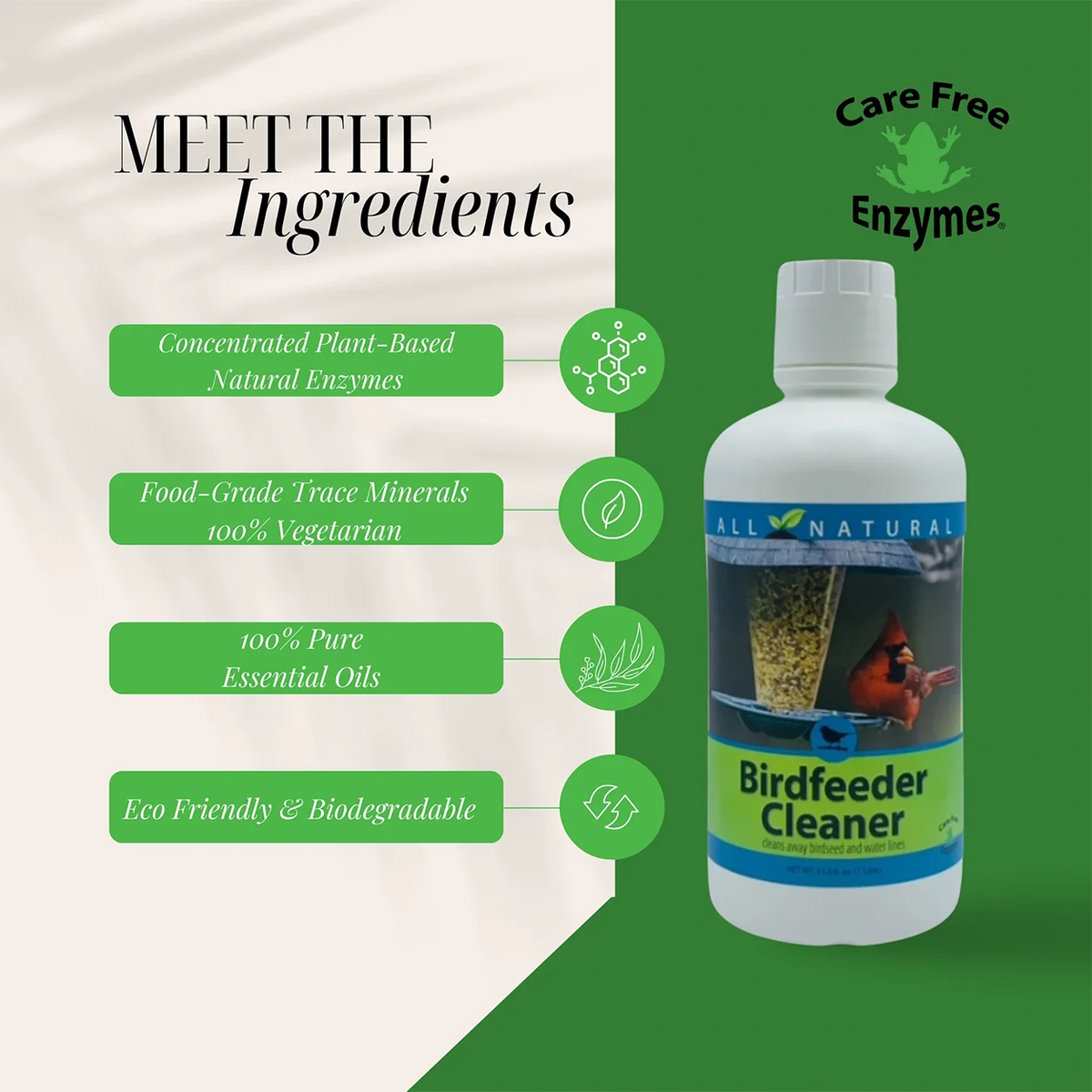 Bird Feeder Cleaner 16 oz. bottle with natural enzymes, essential oils, and eco-friendly formula; features a cardinal image and promises effective bird feeder cleaning.