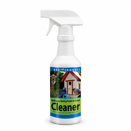 White spray bottle labeled Eco-Friendly, featuring two bluebirds near a wooden birdhouse. Contains Birdhouse & Nesting Pocket Spray Cleaner, 16 oz., for safe birdhouse cleaning.