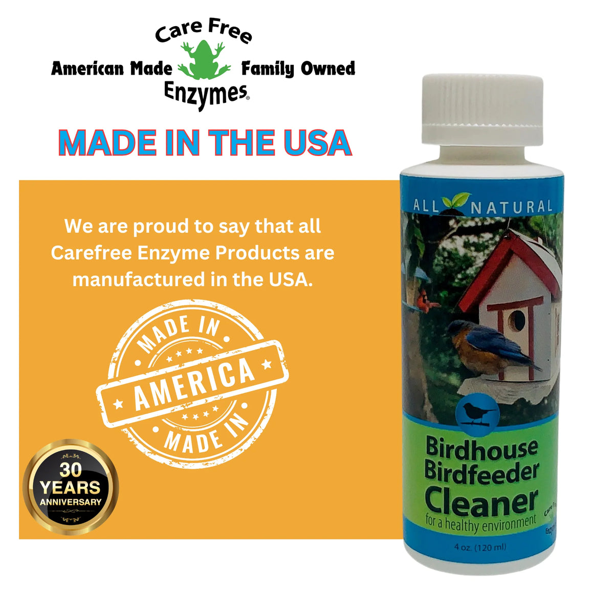 Birdhouse & Nesting Pocket Spray Cleaner, 16 oz., bottle with green-and-blue label beside Made in America and 30 Years Anniversary seals, promoting safe bird shelter cleaning.