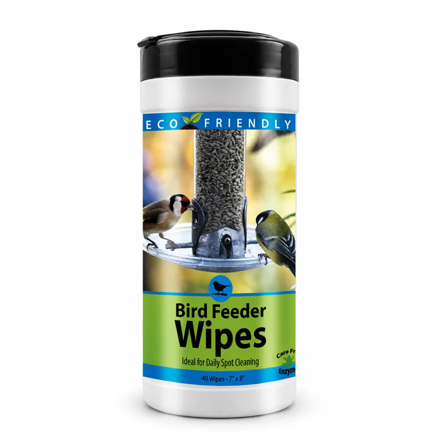 Natural Bird Feeder Cleaning Wipes, 40 Count: Cylindrical canister with flip-top lid, featuring wipes for easy, non-toxic cleaning of bird feeders, depicted with birds on a seed feeder.