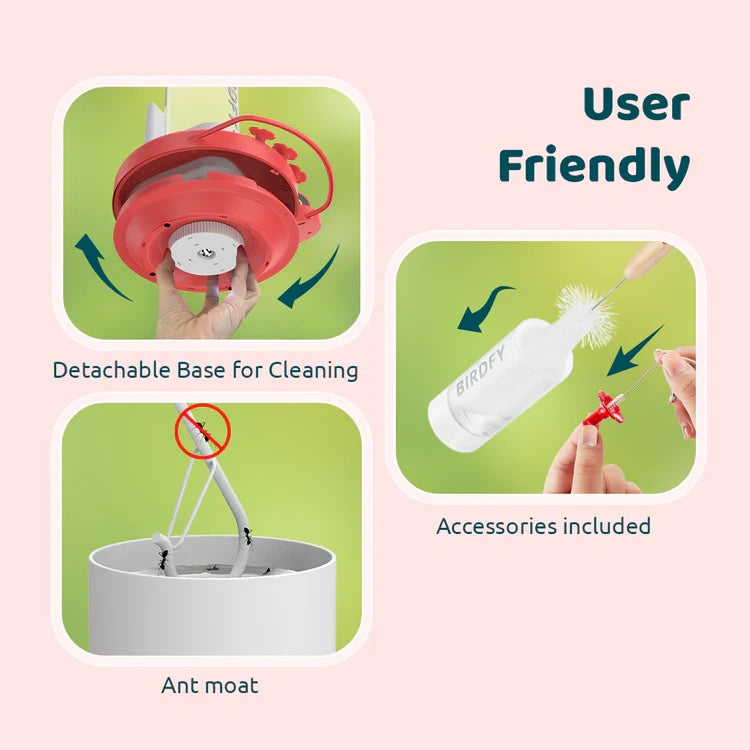 Product features with detachable base for cleaning and accessories included on a pink background.