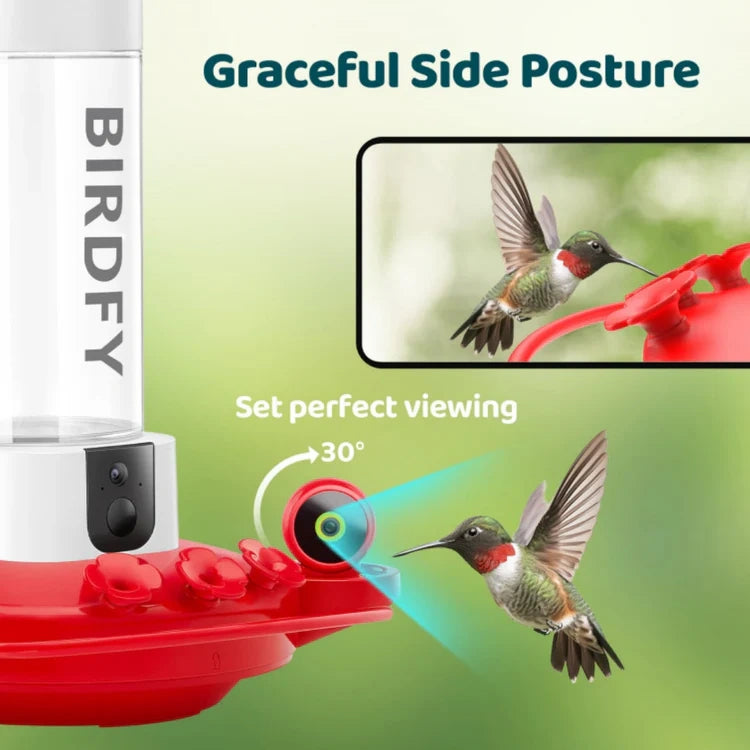 Hummingbird feeder with camera and hummingbirds, featuring the brand 'BIRDFY'.