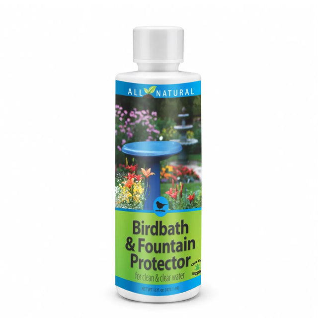 Birdbath & Fountain Protector, 16 oz bottle, enzyme-based cleaner for birdbaths and fountains, keeps water clean, controls algae, safe for wildlife.