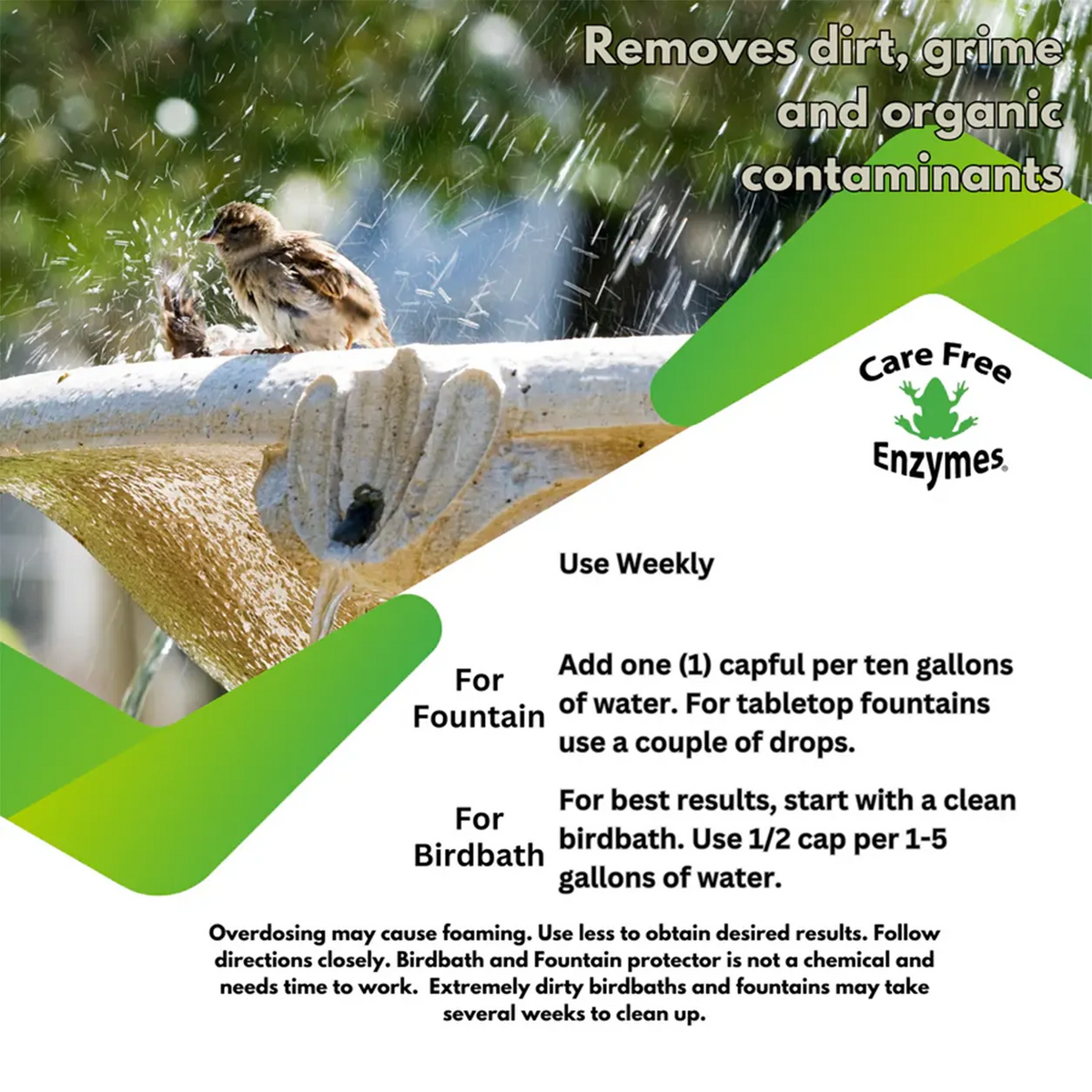 Birdbath & Fountain Protector, 16 oz., featuring a songbird in a birdbath; includes Care Free Enzymes logo, usage directions, and benefits for clean, healthy water.