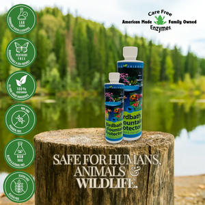 Birdbath & Fountain Protector, 16 oz., on a tree stump by a pond, features eco-friendly badges, promising clean, safe water for wildlife and pets.