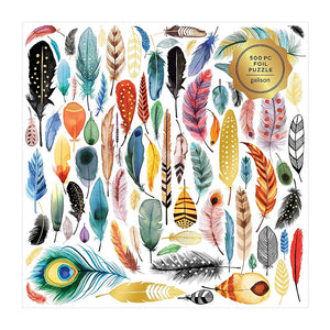 Feathers 500-piece puzzle artwork by Magrikie Berg featuring vibrant watercolor feathers in a variety of colors and patterns