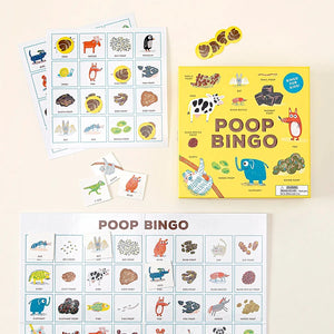 Poop Bingo educational game with illustrated animal bingo cards, matching tiles and game pieces