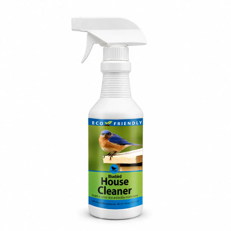 Bluebird House Protector, a 16 oz eco-friendly spray bottle, cleans birdhouses using non-toxic enzymes to eliminate parasites and ensure a healthy brood habitat.