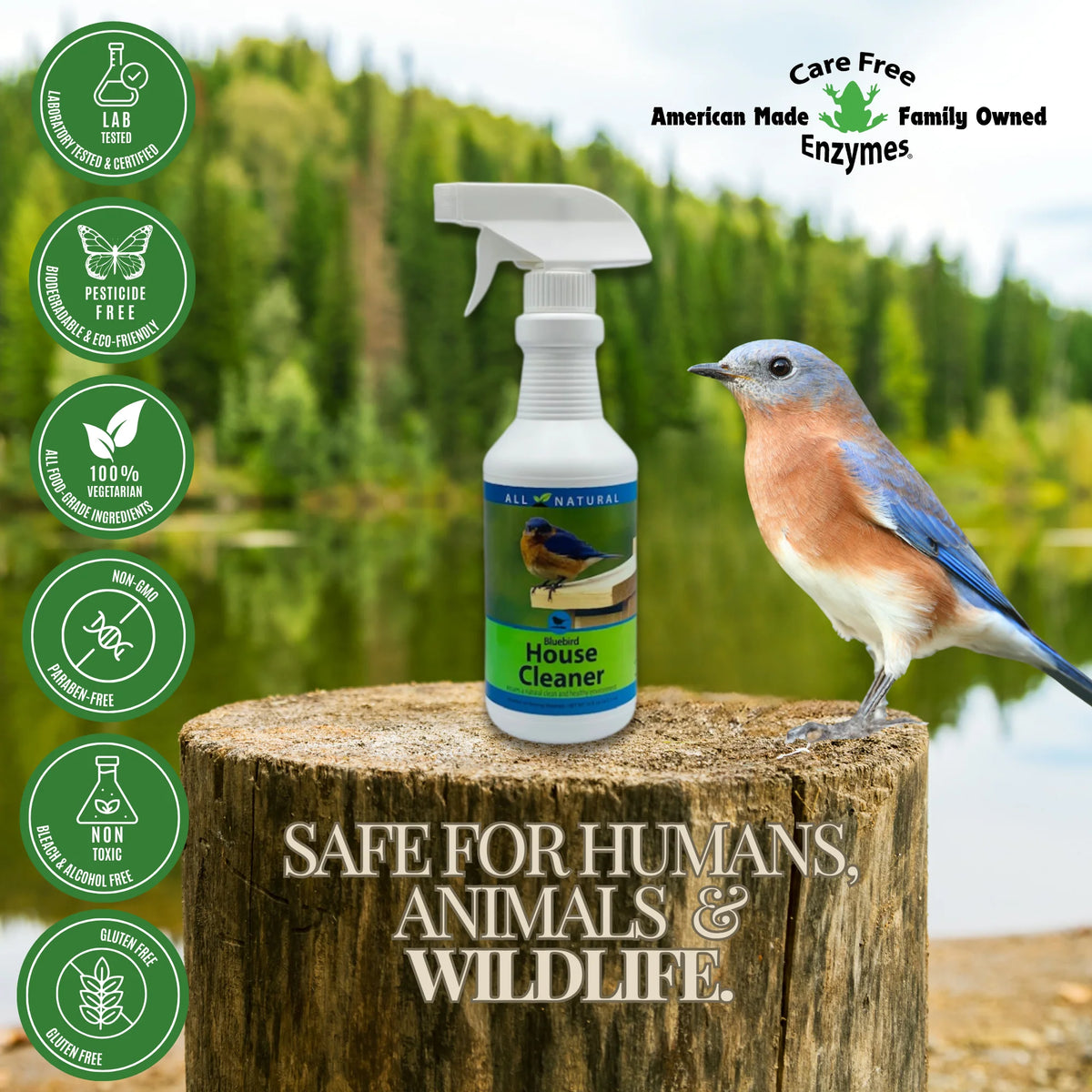 Bluebird House Protector spray on a tree stump with an Eastern Bluebird; eco-friendly labels highlight its non-toxic, natural cleaning formula for birdhouses.