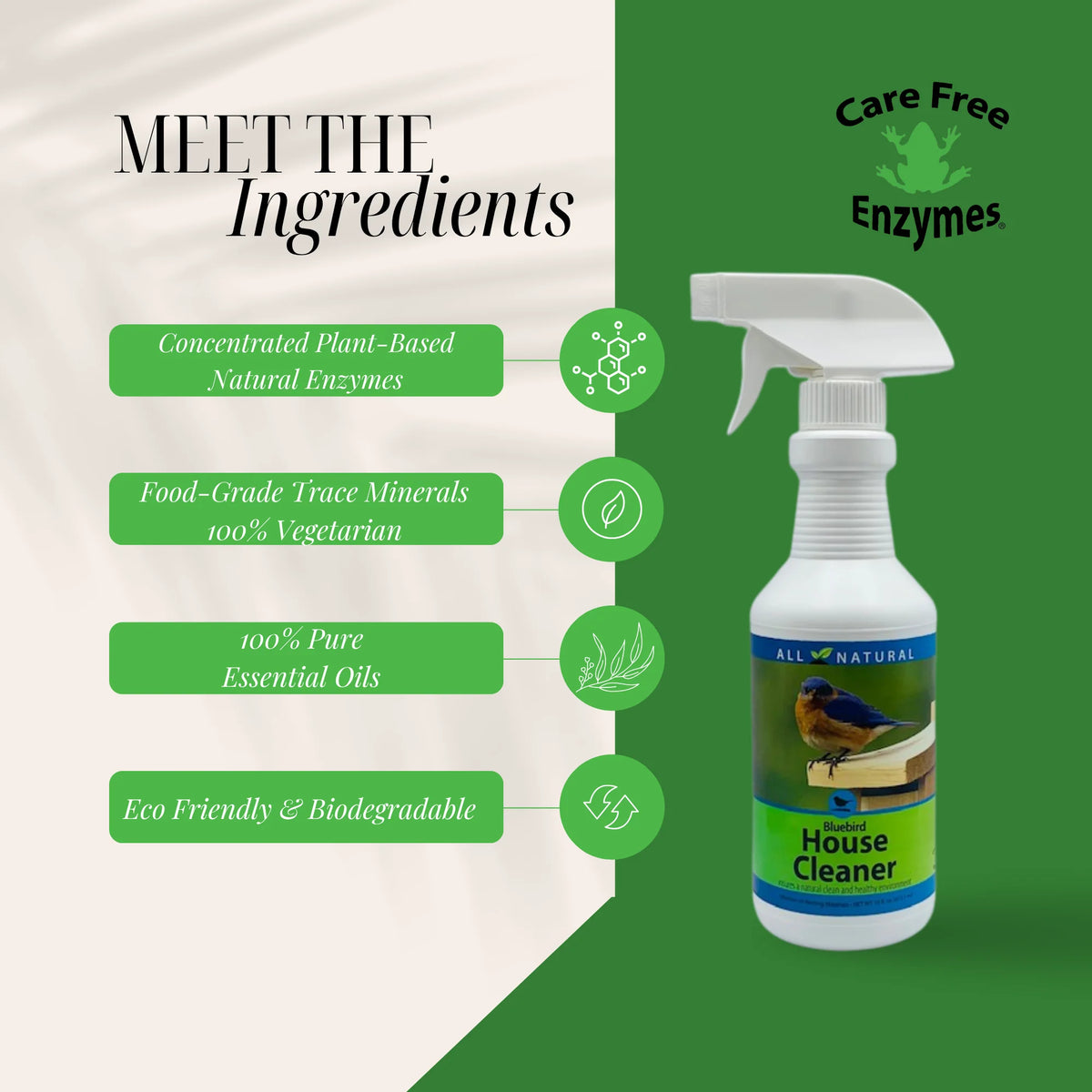 Bluebird House Protector spray bottle with Care Free Enzymes logo; features plant-based enzymes, essential oils, and eco-friendly formula for parasite-free birdhouses.