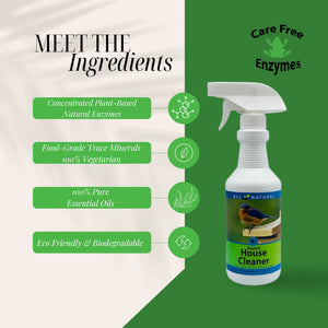 Bluebird House Protector spray bottle with Care Free Enzymes logo; features plant-based enzymes, essential oils, and eco-friendly formula for parasite-free birdhouses.