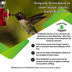 Hummingbird Feeder Cleaner, 16 oz., features enzyme-based formula for cleaning feeders made of wood, plastic, metal, ceramic. Includes cleaning instructions and disposal guidelines.