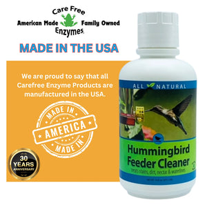 Hummingbird Feeder Cleaner, 16 oz bottle, treats stains and scum lines. Features MADE IN THE USA, 30 YEARS ANNIVERSARY, and Care Free Enzymes frog logo.