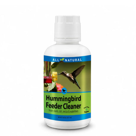 Hummingbird Feeder Cleaner, 16 oz. plastic bottle with enzyme-based formula, removes stains and waterlines, ensuring feeders are hygienically clean.