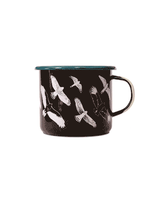 Hawks in Flight Large Enamelware Mug featuring white birds in flight, crafted from durable enamelware. Ideal for bird enthusiasts; hand wash only.