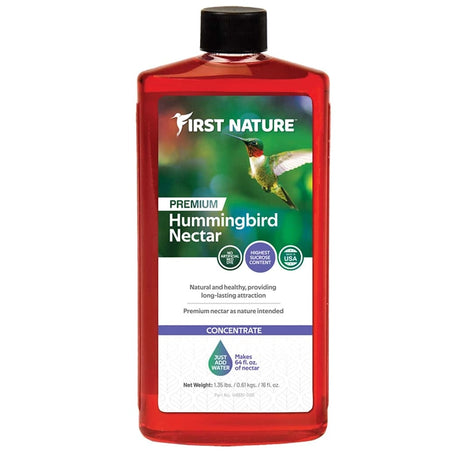 First Nature Hummingbird Red Nectar Concentrate, 16 oz. bottle, ideal for mixing an easy, dye-free nectar that provides energy for hummingbirds.