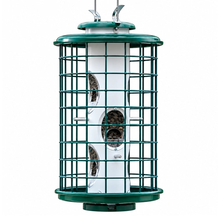 Green metal cage bird feeder with white seed tube, multiple feeding ports, metal perches, and protective outer wire cage on a clean white background.