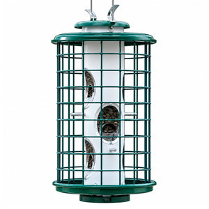 Green metal cage bird feeder with white seed tube, multiple feeding ports, metal perches, and protective outer wire cage on a clean white background.