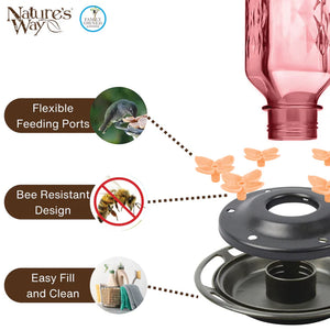 Rosewood Column Antique Hummingbird Feeder infographic highlighting built-in ant moat protection, embossed glass construction, and multiple feeding stations for hummingbirds.