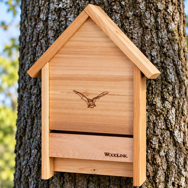 Woodlink Cedar Bat Chalet made from natural cedar wood with a single grooved roosting chamber, ventilation gap and landing platform, designed to shelter up to 25 bats.