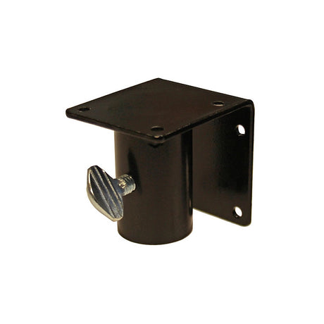 Black metal bird house flat mount and side mount bracket with a knob on a white background. 