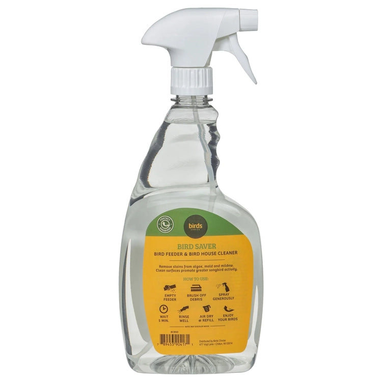 Back of Bird Saver cleaner bottle showing directions for spraying, waiting five minutes, rinsing and air drying.