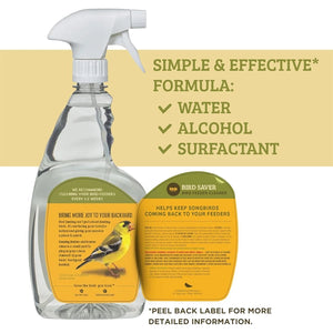 Bird Saver peel-back label with product information and a formula callout listing water, alcohol and surfactant.