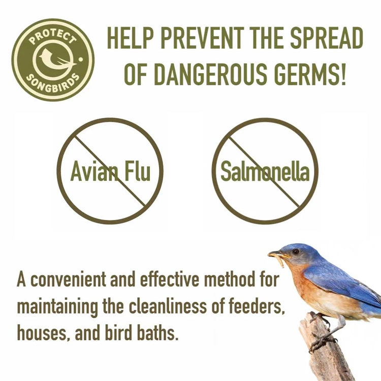 Bluebird graphic promoting clean feeders, houses and baths to help prevent the spread of avian flu and salmonella.