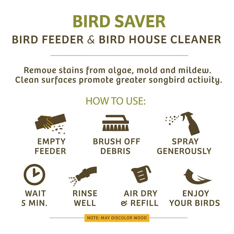 Bird Saver directions: empty, brush off debris, spray, wait five minutes, rinse and air dry. May discolor wood.