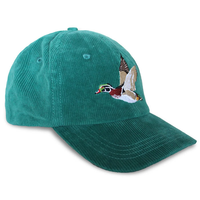I'd Rather Be Birding Corduroy Hat features a teal corduroy design with an embroidered wood duck, adjustable strap, and curved brim for stylish comfort.